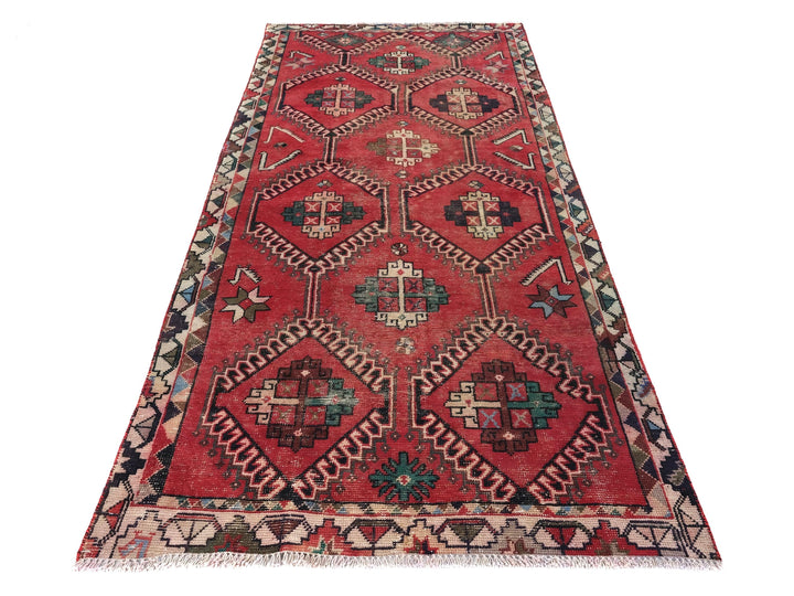 4x9 Red Vintage Runner Rug, Oriental Rug, Handwoven Low Pile Organic Dyes Wool SHR1898