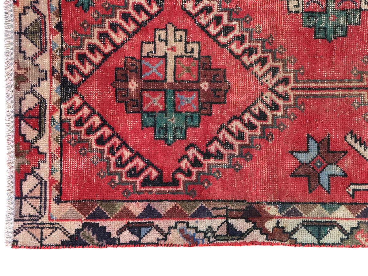 4x9 Red Vintage Runner Rug, Oriental Turkish Anatolian Rug, Handwoven Low Pile Organic Dyes Wool SHR1898