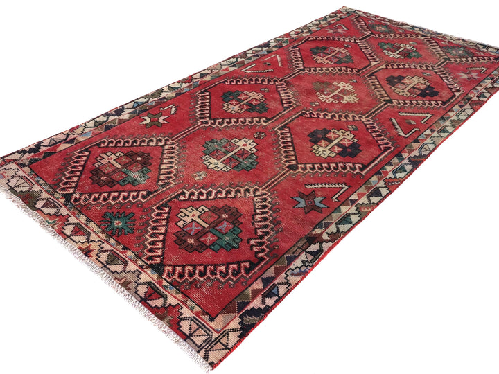 4x9 Red Vintage Runner Rug, Oriental Rug, Handwoven Low Pile Organic Dyes Wool SHR1898