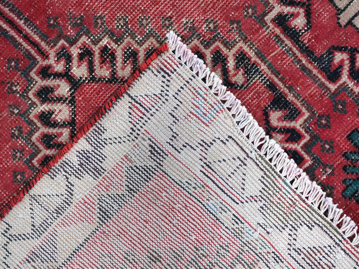 4x9 Red Vintage Runner Rug, Oriental Rug, Handwoven Low Pile Organic Dyes Wool SHR1898
