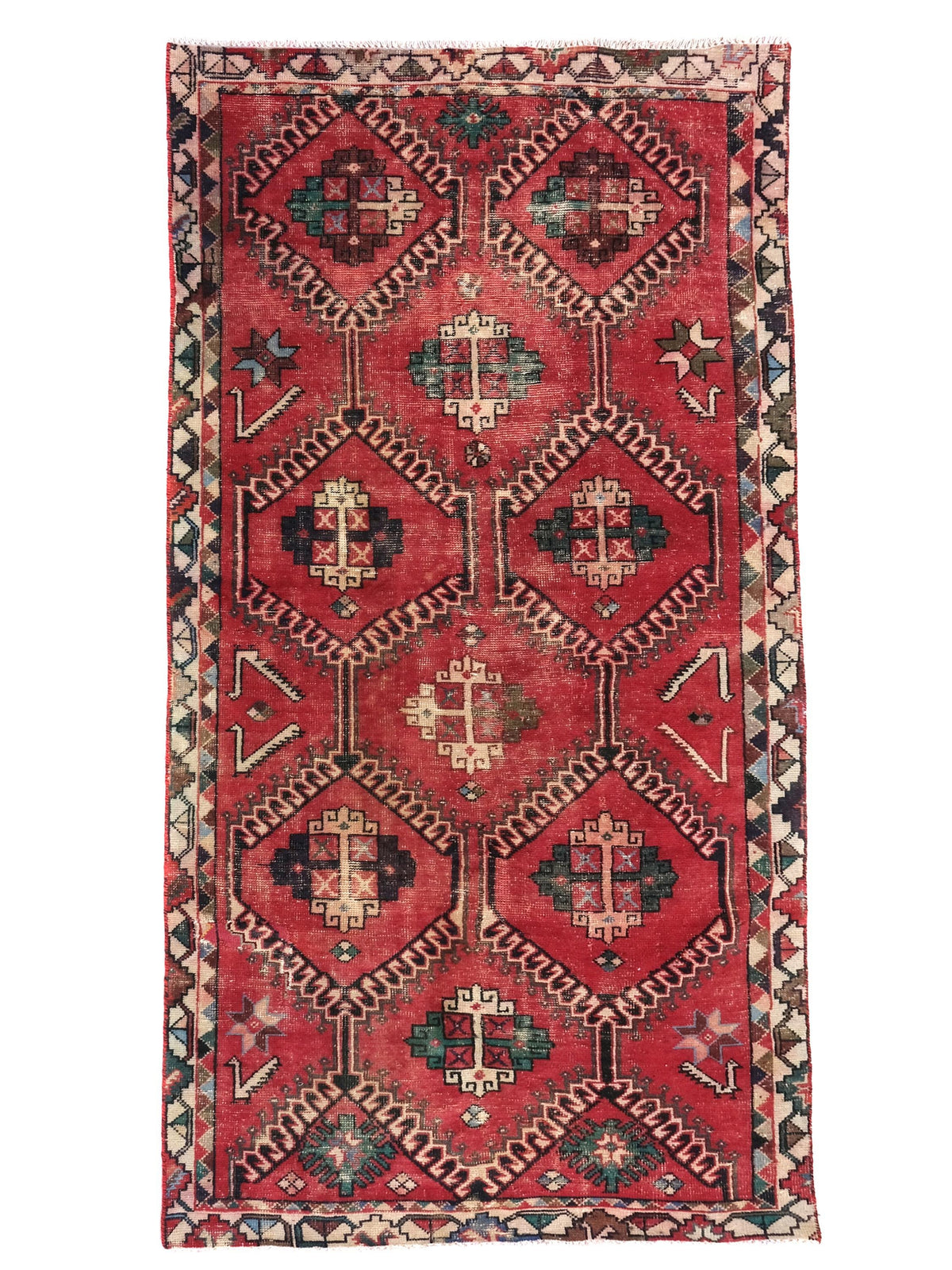 4x9 Red Vintage Runner Rug, Oriental Turkish Anatolian Rug, Handwoven Low Pile Organic Dyes Wool SHR1898