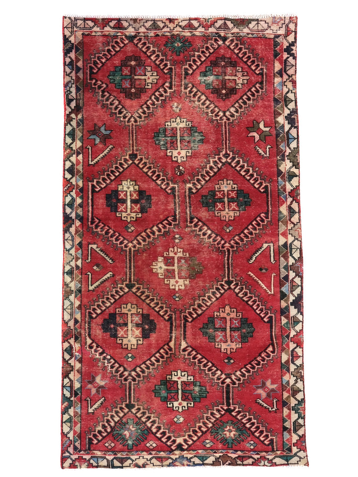4x9 Red Vintage Runner Rug, Oriental Rug, Handwoven Low Pile Organic Dyes Wool SHR1898