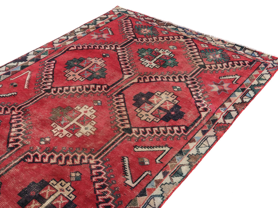 4x9 Red Vintage Runner Rug, Oriental Rug, Handwoven Low Pile Organic Dyes Wool SHR1898