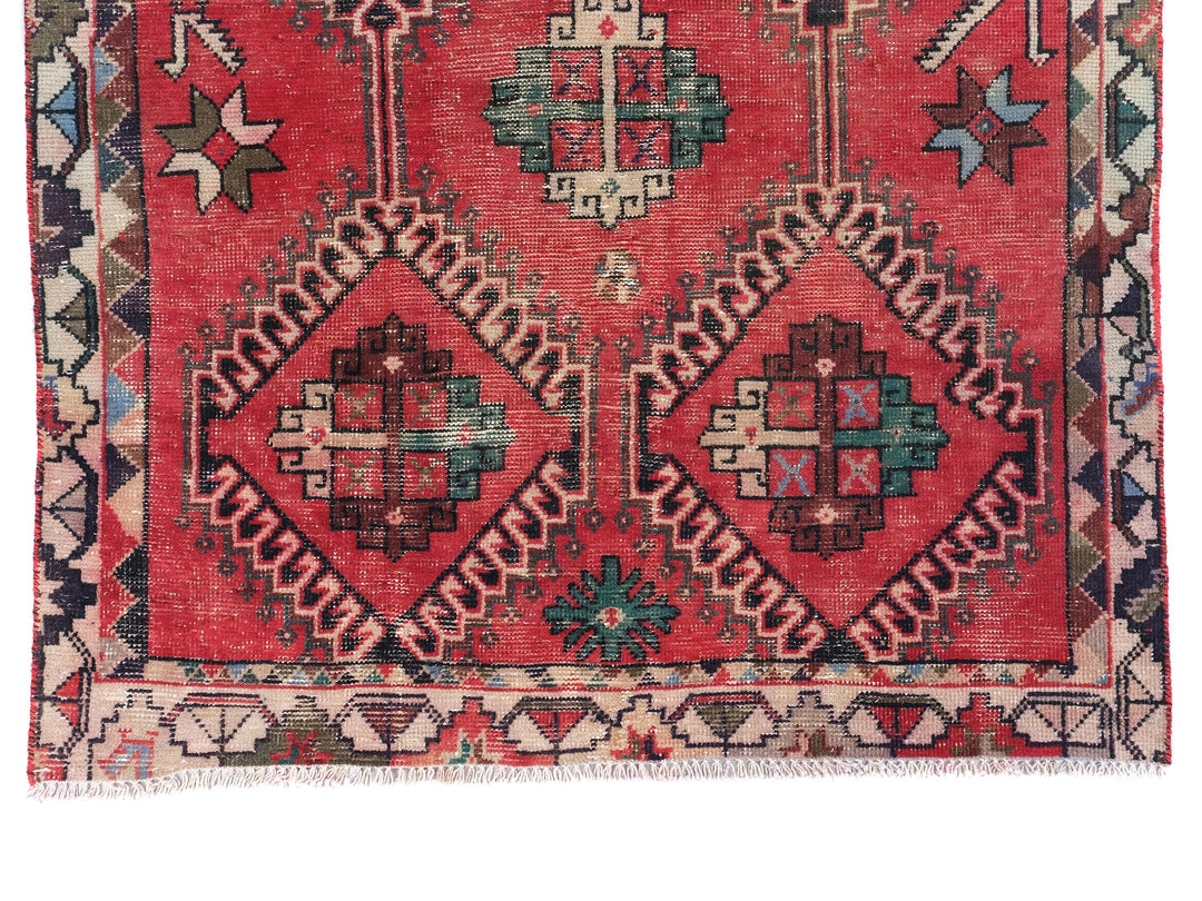 4x9 Red Vintage Runner Rug, Oriental Rug, Handwoven Low Pile Organic Dyes Wool SHR1898