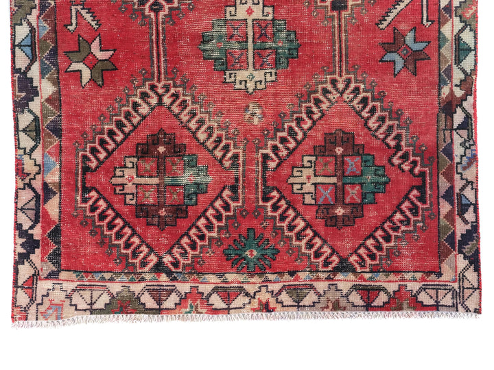 4x9 Red Vintage Runner Rug, Oriental Rug, Handwoven Low Pile Organic Dyes Wool SHR1898