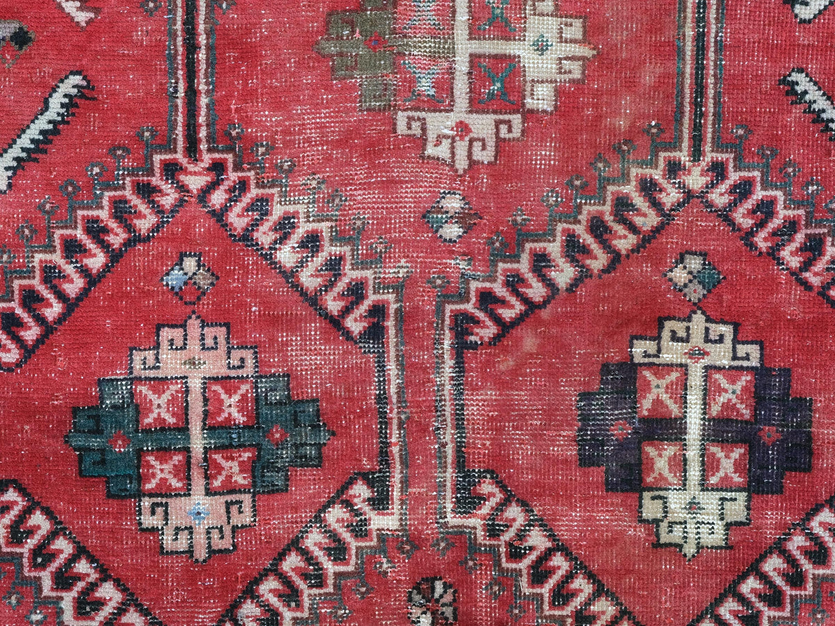 4x9 Red Vintage Runner Rug, Oriental Turkish Anatolian Rug, Handwoven Low Pile Organic Dyes Wool SHR1898