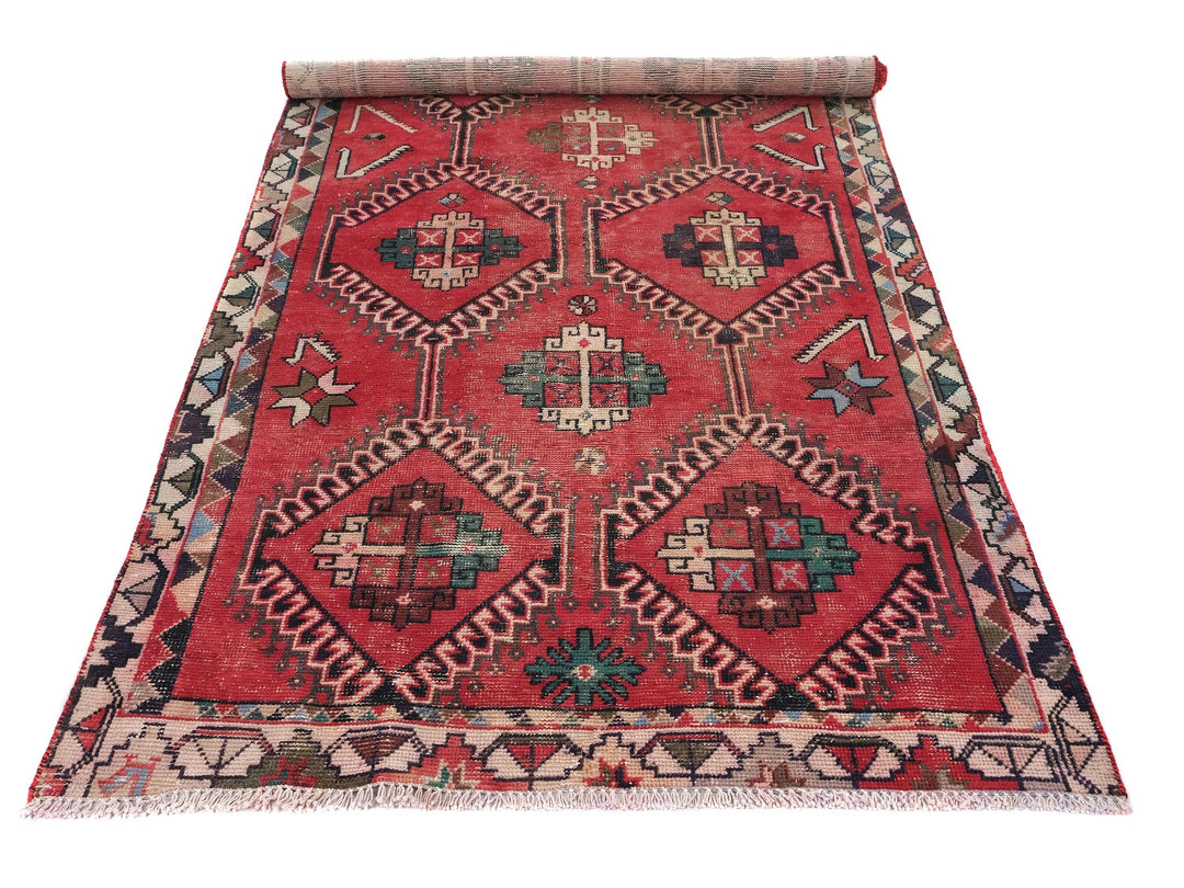 4x9 Red Vintage Runner Rug, Oriental Rug, Handwoven Low Pile Organic Dyes Wool SHR1898